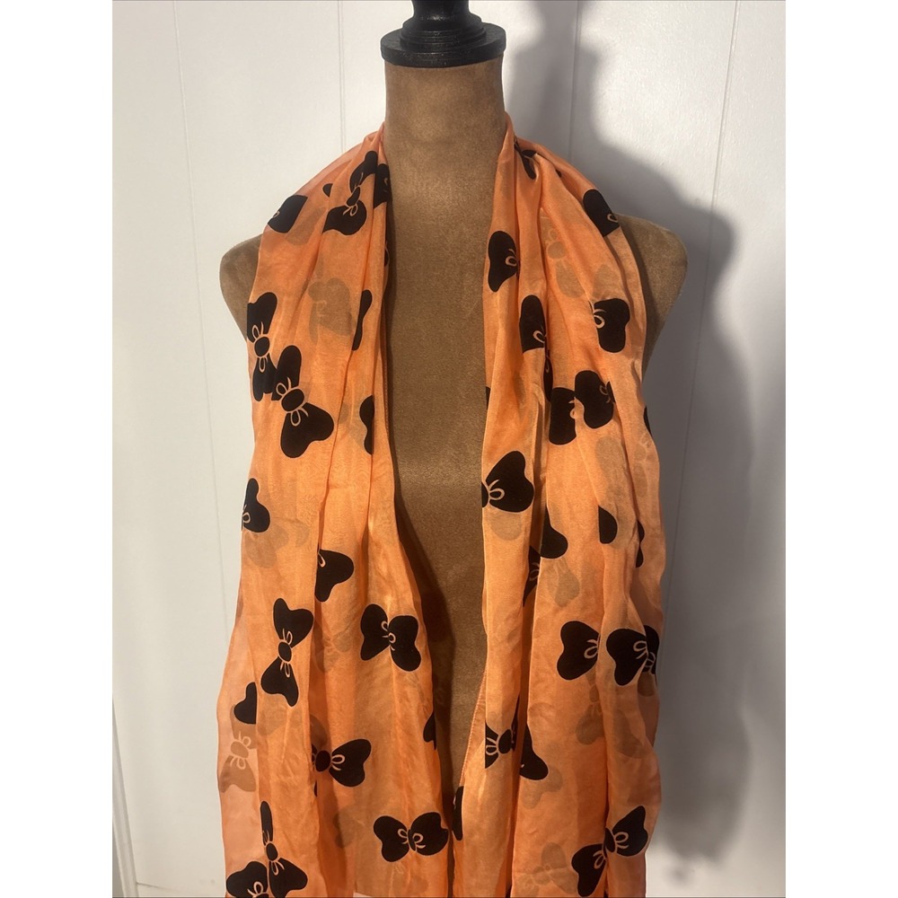 RGLT Scarf Orange & Velvet Black Bows Design Polyester NWT 66x27 (Flawed)